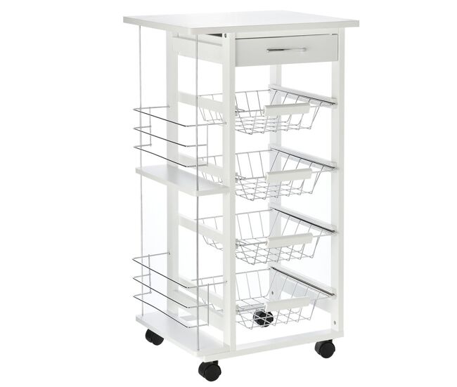 Homcom carrito de cocina con ruedas carro multiusos con cajón 4 cestas extraíbles de metal y bastidores laterales 47x37x83 cm blanco