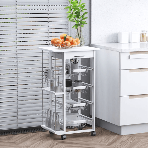 HOMCOM Carrinho de Cozinha com Rodas Carrinho Auxiliar com Gaveta 4 Cestas Amovíveis de Metal e Prateleiras Laterais 47x37x83 cm Branco