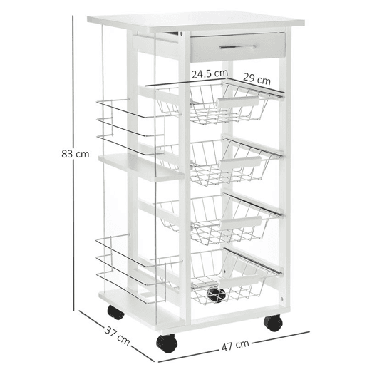 HOMCOM Carrinho de Cozinha com Rodas Carrinho Auxiliar com Gaveta 4 Cestas Amovíveis de Metal e Prateleiras Laterais 47x37x83 cm Branco