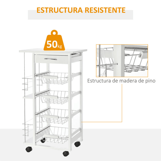 HOMCOM Carrinho de Cozinha com Rodas Carrinho Auxiliar com Gaveta 4 Cestas Amovíveis de Metal e Prateleiras Laterais 47x37x83 cm Branco