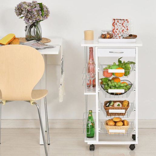 HOMCOM Carrinho de Cozinha com Rodas Carrinho Auxiliar com Gaveta 4 Cestas Amovíveis de Metal e Prateleiras Laterais 47x37x83 cm Branco