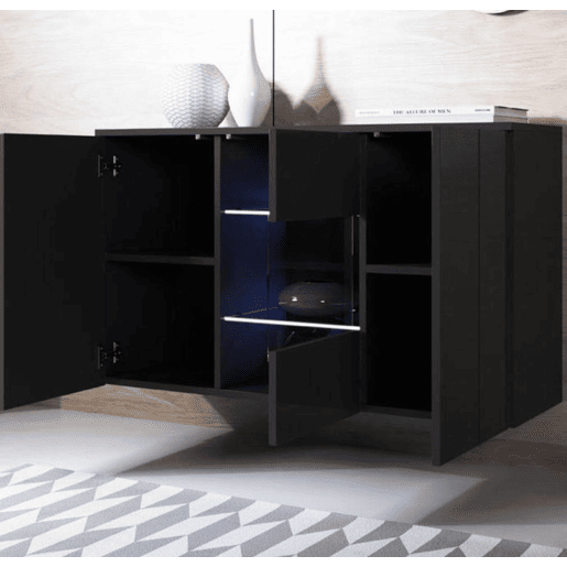 Aparador Sala de estar e jantar Preto 120x40x70 3 portas LED Luke A2 Muebles Bonitos