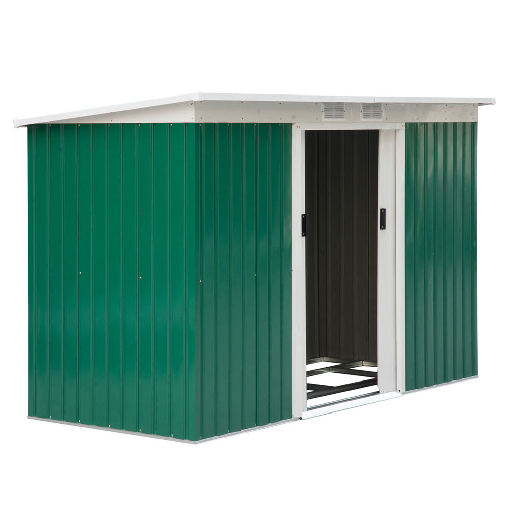 Outsunny caseta de jardín exterior 3,2 m² 280x130x172 cm cobertizo de jardín exterior con puerta corredera techo inclinado base refuerzo (suelo no incluido) y 2 ventanas verde oscuro