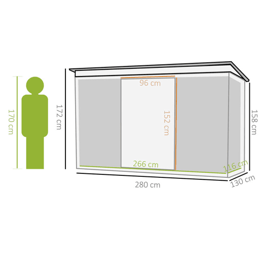 Outsunny Abrigo de Jardim 280x130x172cm Abrigo de Exterior de Aço Galvanizado com Porta Corredeira e Ventilações para Armazenamento de Ferramentas Verde
