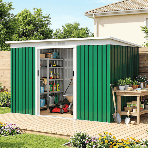 Outsunny Abrigo de Jardim 280x130x172cm Abrigo de Exterior de Aço Galvanizado com Porta Corredeira e Ventilações para Armazenamento de Ferramentas Verde