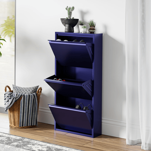 Sapateira Sokndal com 3 portas 104x50x15 cm metal - Azul escuro en.casa
