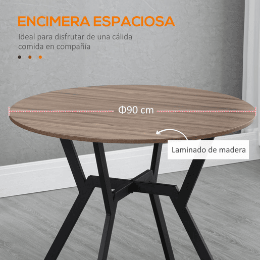HOMCOM Mesa de Jantar Redonda para 2-4 Pessoas, Mesa de Cozinha Industrial com Pernas Curvas de Aço, para Sala de Estar, 90x90x76 cm, Castanho e Preto