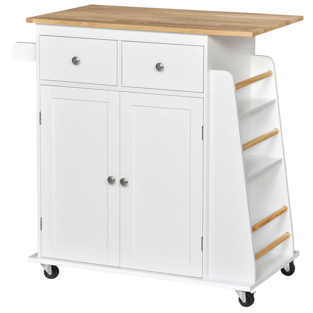 Homcom carro de cocina auxiliar con ruedas carrito de servicio con 2 cajones armario de almacenaje estante interior ajustable 3 especieros y barra para colgar 89x45x89,5 cm blanco