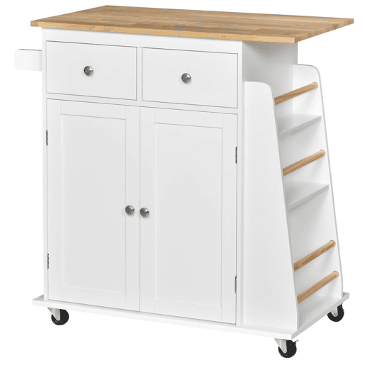 HOMCOM Carrinho de Cozinha Auxiliar com Rodas Carrinho de Cozinha com 2 Gavetas Armário de Armazenamento Prateleira Interior Ajustável 3 Suportes para Temperos e Barra de Pendurar 89x45x89,5cm Branco