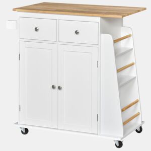 HOMCOM Carrinho de Cozinha Auxiliar com Rodas Carrinho de Cozinha com 2 Gavetas Armário de Armazenamento Prateleira Interior Ajustável 3 Suportes para Temperos e Barra de Pendurar 89x45x89,5cm Branco
