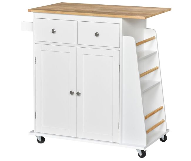 Homcom carro de cocina auxiliar con ruedas carrito de servicio con 2 cajones armario de almacenaje estante interior ajustable 3 especieros y barra para colgar 89x45x89,5 cm blanco