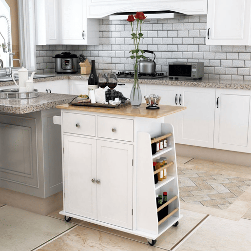 HOMCOM Carrinho de Cozinha Auxiliar com Rodas Carrinho de Cozinha com 2 Gavetas Armário de Armazenamento Prateleira Interior Ajustável 3 Suportes para Temperos e Barra de Pendurar 89x45x89,5cm Branco