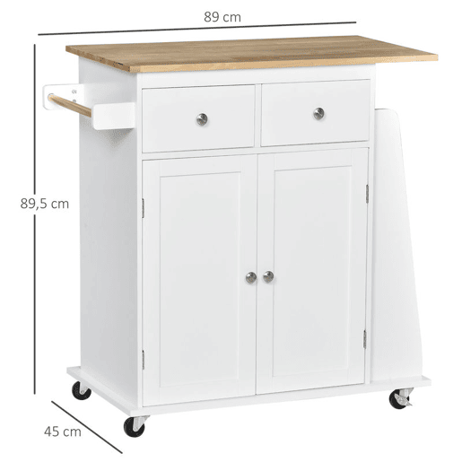HOMCOM Carrinho de Cozinha Auxiliar com Rodas Carrinho de Cozinha com 2 Gavetas Armário de Armazenamento Prateleira Interior Ajustável 3 Suportes para Temperos e Barra de Pendurar 89x45x89,5cm Branco