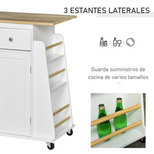 HOMCOM Carrinho de Cozinha Auxiliar com Rodas Carrinho de Cozinha com 2 Gavetas Armário de Armazenamento Prateleira Interior Ajustável 3 Suportes para Temperos e Barra de Pendurar 89x45x89,5cm Branco