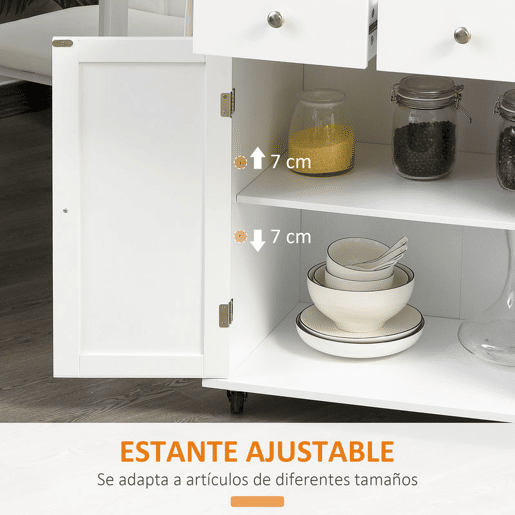 HOMCOM Carrinho de Cozinha Auxiliar com Rodas Carrinho de Cozinha com 2 Gavetas Armário de Armazenamento Prateleira Interior Ajustável 3 Suportes para Temperos e Barra de Pendurar 89x45x89,5cm Branco
