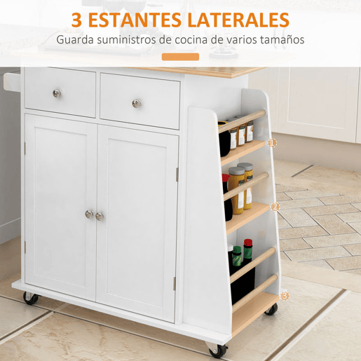 HOMCOM Carrinho de Cozinha Auxiliar com Rodas Carrinho de Cozinha com 2 Gavetas Armário de Armazenamento Prateleira Interior Ajustável 3 Suportes para Temperos e Barra de Pendurar 89x45x89,5cm Branco