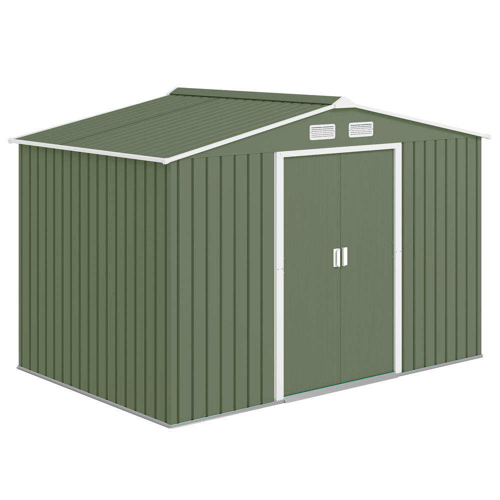 Outsunny caseta de jardín exterior 4,9 m², 277x195x192 cm, cobertizo de jardín exterior metálico con puerta corredera, ventilación y kit de fundación, para almacenamiento de herramientas, verde claro