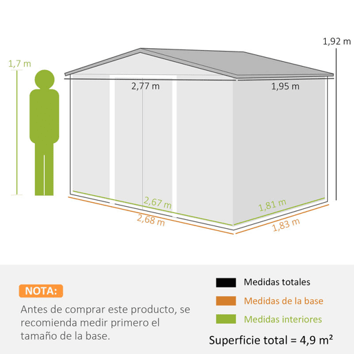 Outsunny Abrigo de Jardim 4,83m² 277x195x192cm Abrigo e Jardim Metálico para Armazenamento de Ferramentas com Base de Reforço Incluída e 4 Janelas Verde Claro