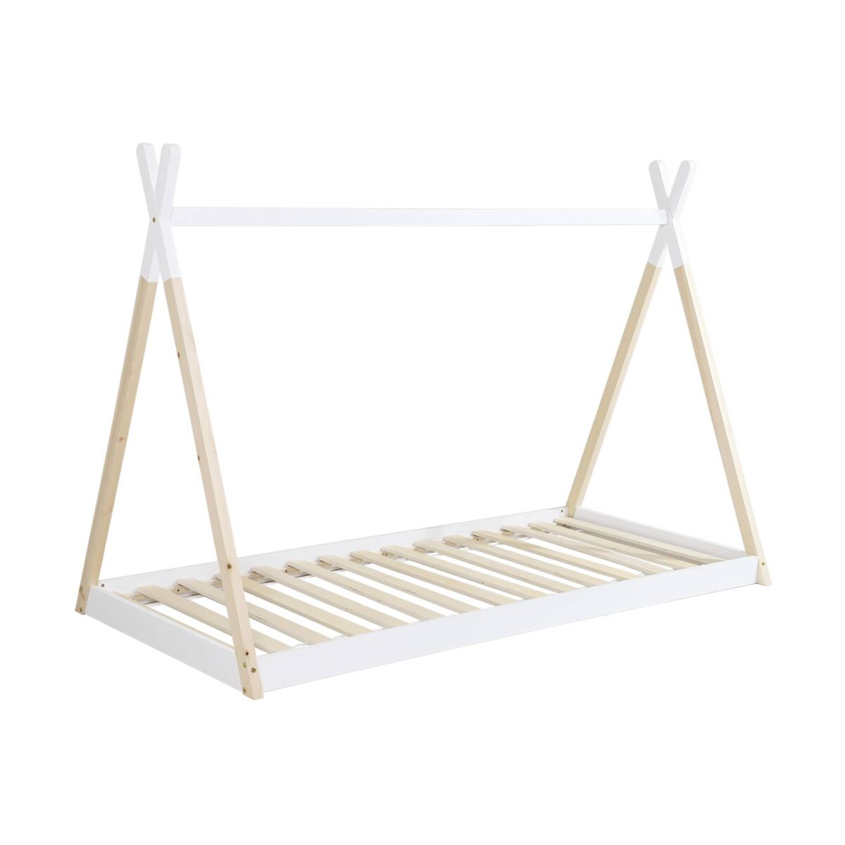 Cama tipi infantil de pino natural con base, 90cm, tobias, blanco, 196x100x136.5 cm