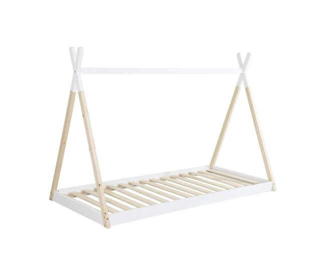 Cama tipi infantil de pino natural con base, 90cm, tobias, blanco, 196x100x136.5 cm