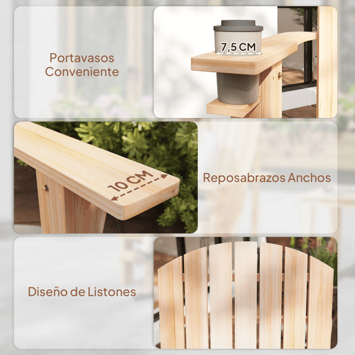 Outsunny Cadeira Adirondack de Madeira Cadeira de Jardim com Apoio para os Braços Encosto Alto para Terraço Balcão Exterior 72,5x97x96cm Natural