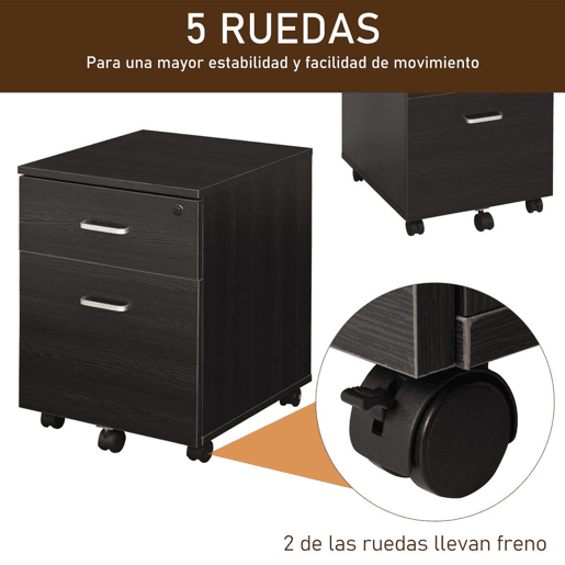 Vinsetto Arquivador para Escritório Móvel de Arquivos com 2 Gavetas 5 Rodas com Travões e Fechadura com 2 Chaves para Escritório Secretária Casa 40x45x55,6cm Wengué