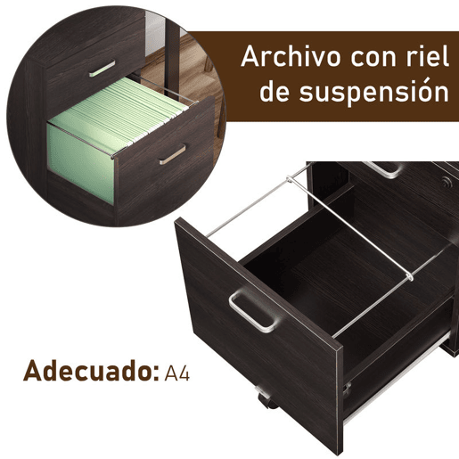 Vinsetto Arquivador para Escritório Móvel de Arquivos com 2 Gavetas 5 Rodas com Travões e Fechadura com 2 Chaves para Escritório Secretária Casa 40x45x55,6cm Wengué