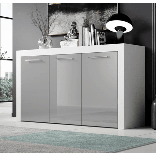 Aparador Sala de estar e jantar BrancoCinzento 144x42x80 3 portas Nelia Muebles Bonitos