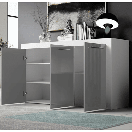Aparador Sala de estar e jantar BrancoCinzento 144x42x80 3 portas Nelia Muebles Bonitos