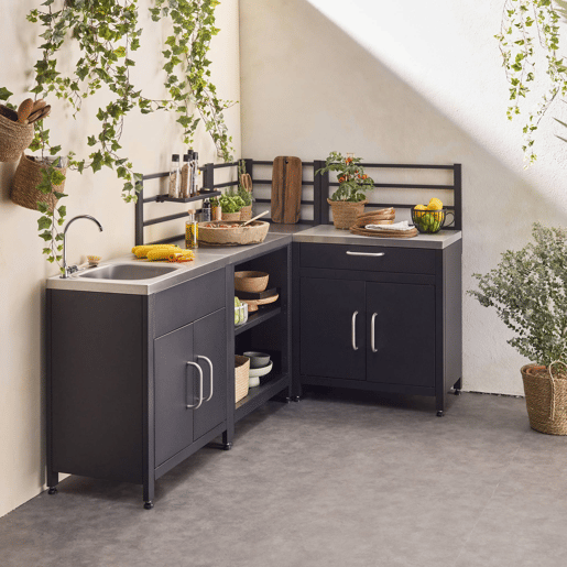 Cozinha ao ar livre 4 módulos aço inoxidável, Grimaud 4 modules, Preto, 80x48x124 cm
