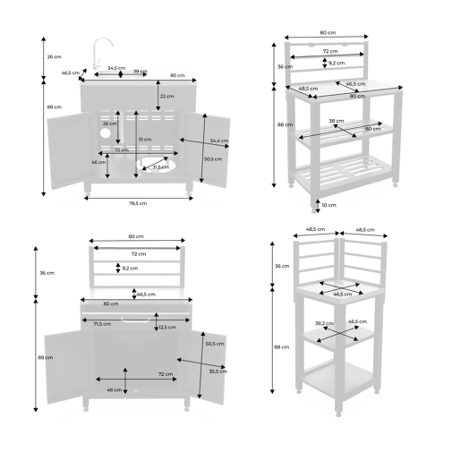 Cozinha ao ar livre 4 módulos aço inoxidável, Grimaud 4 modules, Preto, 80x48x124 cm
