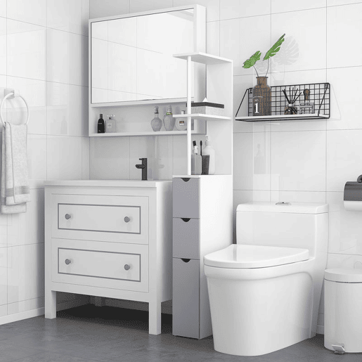 HOMCOM Coluna Estreita de Casa de Banho Armário Alto Moderno com 2 Prateleiras, 2 Gavetas e 1 Porta Antiviragem 15x33x136,8 cm Branco e Cinzento