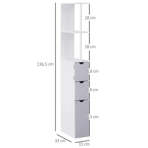 HOMCOM Coluna Estreita de Casa de Banho Armário Alto Moderno com 2 Prateleiras, 2 Gavetas e 1 Porta Antiviragem 15x33x136,8 cm Branco e Cinzento
