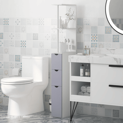 HOMCOM Coluna Estreita de Casa de Banho Armário Alto Moderno com 2 Prateleiras, 2 Gavetas e 1 Porta Antiviragem 15x33x136,8 cm Branco e Cinzento