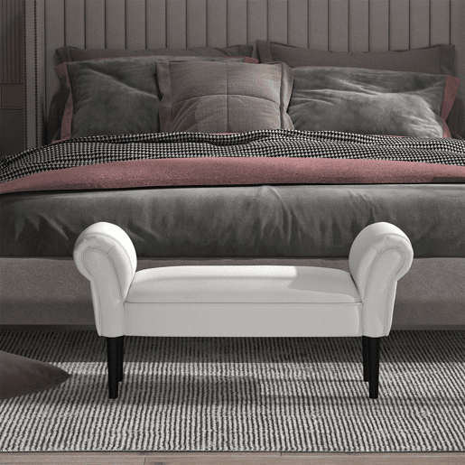 HOMCOM Banco de Pé de Cama Banco com Braços Curvados Estofado e Pés de Madeira para Dormitório Entrada Sala de Estar Carga Máxima 130kg 102x31x51cm Branco