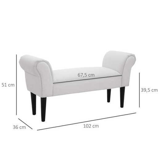HOMCOM Banco de Pé de Cama Banco com Braços Curvados Estofado e Pés de Madeira para Dormitório Entrada Sala de Estar Carga Máxima 130kg 102x31x51cm Branco