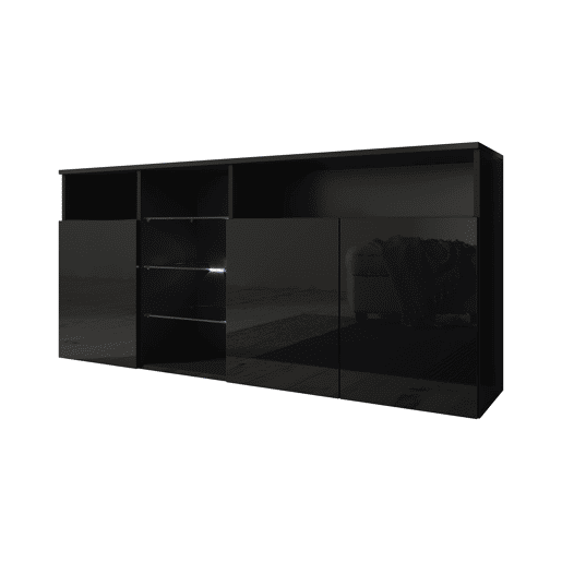 Aparador Sala de estar e jantar Preto 150x35x70 3 portas LED Clark Muebles Bonitos