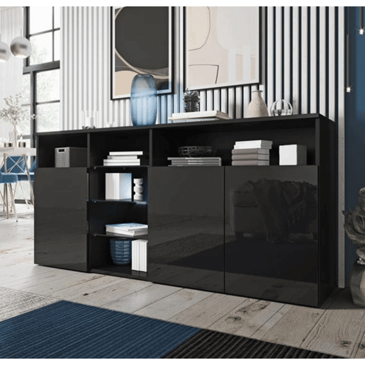 Aparador Sala de estar e jantar Preto 150x35x70 3 portas LED Clark Muebles Bonitos