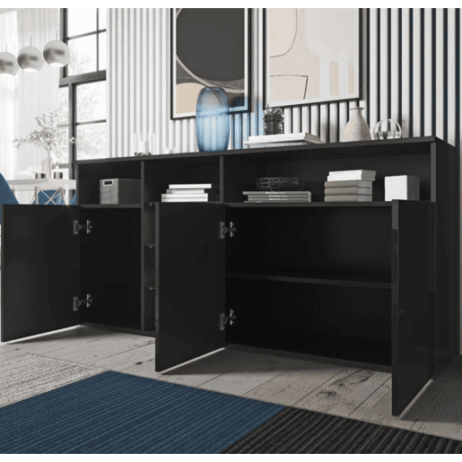 Aparador Sala de estar e jantar Preto 150x35x70 3 portas LED Clark Muebles Bonitos