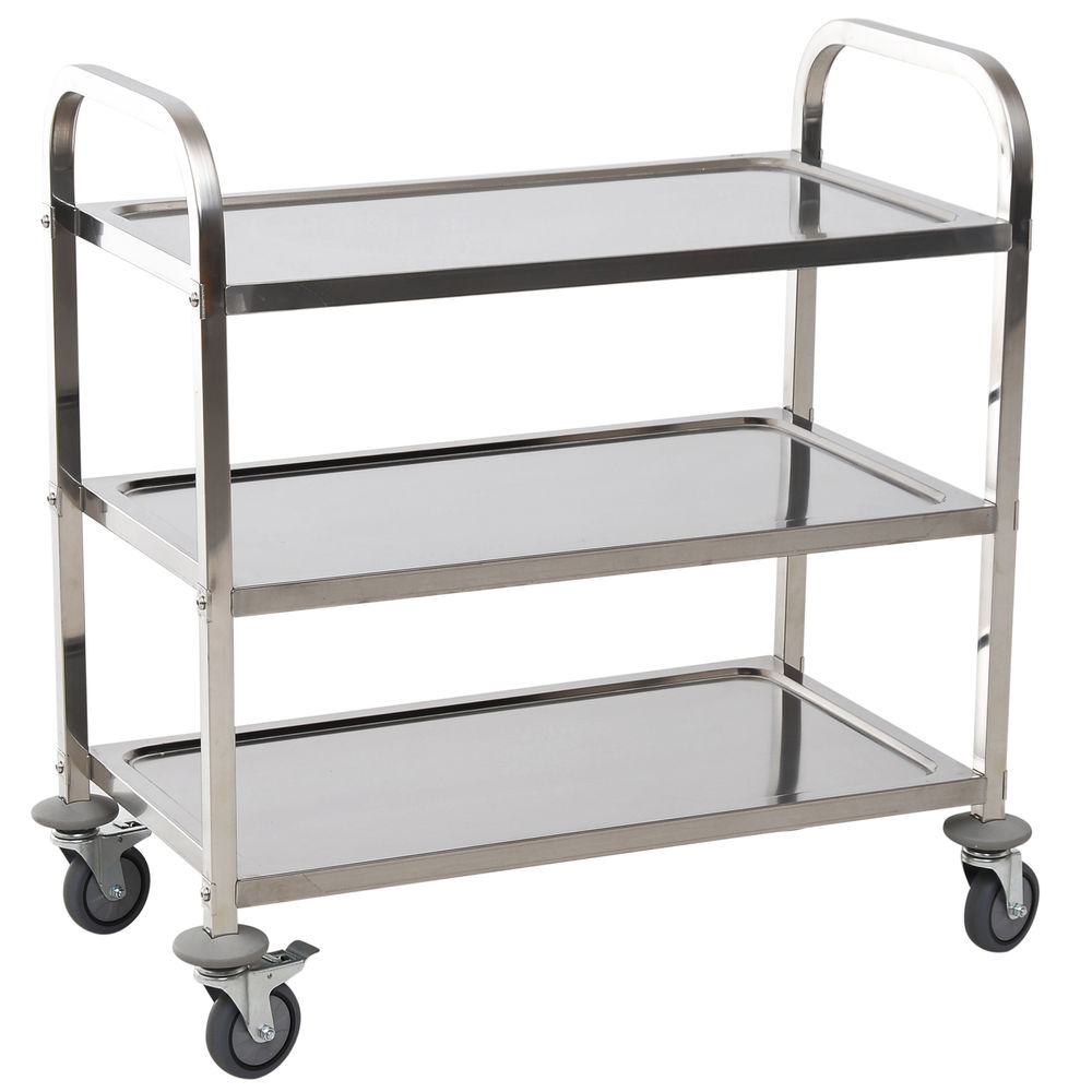 Homcom carrito auxiliar con ruedas de acero inoxidable 90,5x50,5x88,2 cm carrito de cocina con bandejas y 2 brazos carga 150 kg para comedor hotel salón de belleza plata