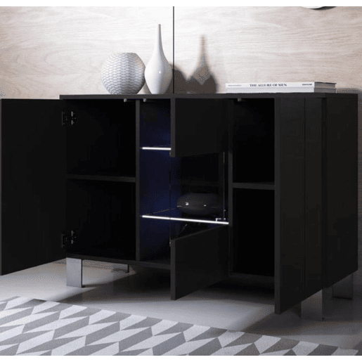 Aparador Sala de estar e jantar Preto 120x40x82 3 portas LED Luke A2 Muebles Bonitos