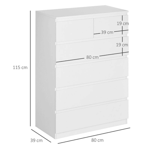 HOMCOM Cómoda Moderna com 6 Gavetas Cómoda de Madeira para Dormitório Entrada Sala de Estar Carga Máxima 50kg 80x39x115cm Branco