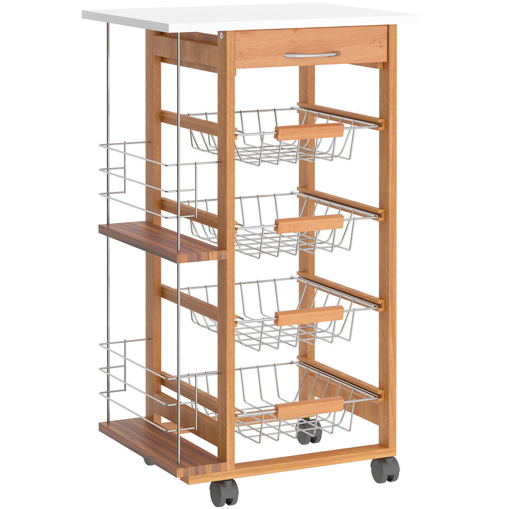 Homcom carrito de cocina con ruedas carro multiusos con cajón 4 cestas extraíbles de metal y bastidores laterales 47x37x83 cm madera natural