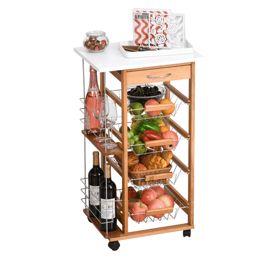 HOMCOM Carrinho de Cozinha com Rodas Carrinho Auxiliar com Gaveta 4 Cestas Amovíveis de Metal e Prateleiras Laterais 47x37x83 cm Madeira