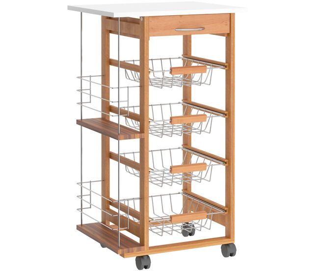 Homcom carrito de cocina con ruedas carro multiusos con cajón 4 cestas extraíbles de metal y bastidores laterales 47x37x83 cm madera natural