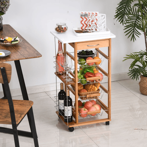 HOMCOM Carrinho de Cozinha com Rodas Carrinho Auxiliar com Gaveta 4 Cestas Amovíveis de Metal e Prateleiras Laterais 47x37x83 cm Madeira