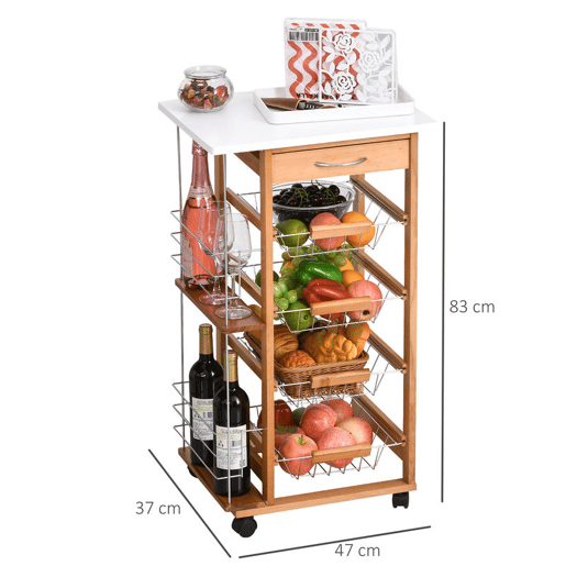 HOMCOM Carrinho de Cozinha com Rodas Carrinho Auxiliar com Gaveta 4 Cestas Amovíveis de Metal e Prateleiras Laterais 47x37x83 cm Madeira