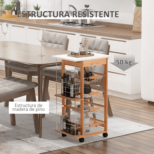 HOMCOM Carrinho de Cozinha com Rodas Carrinho Auxiliar com Gaveta 4 Cestas Amovíveis de Metal e Prateleiras Laterais 47x37x83 cm Madeira
