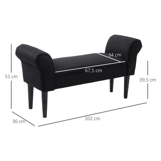 HOMCOM Banco de Pé de Cama Banco com Braços Curvados Estofado e Pés de Madeira para Dormitório Entrada Sala de Estar Carga Máxima 130kg 102x31x51cm Preto