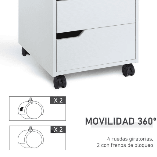HOMCOM Bloco de Gavetas para Escritório Móvel de Escritório Bloco de Gavetas com 3 Gavetas e 4 Rodas 40x50x57,5 cm Branco